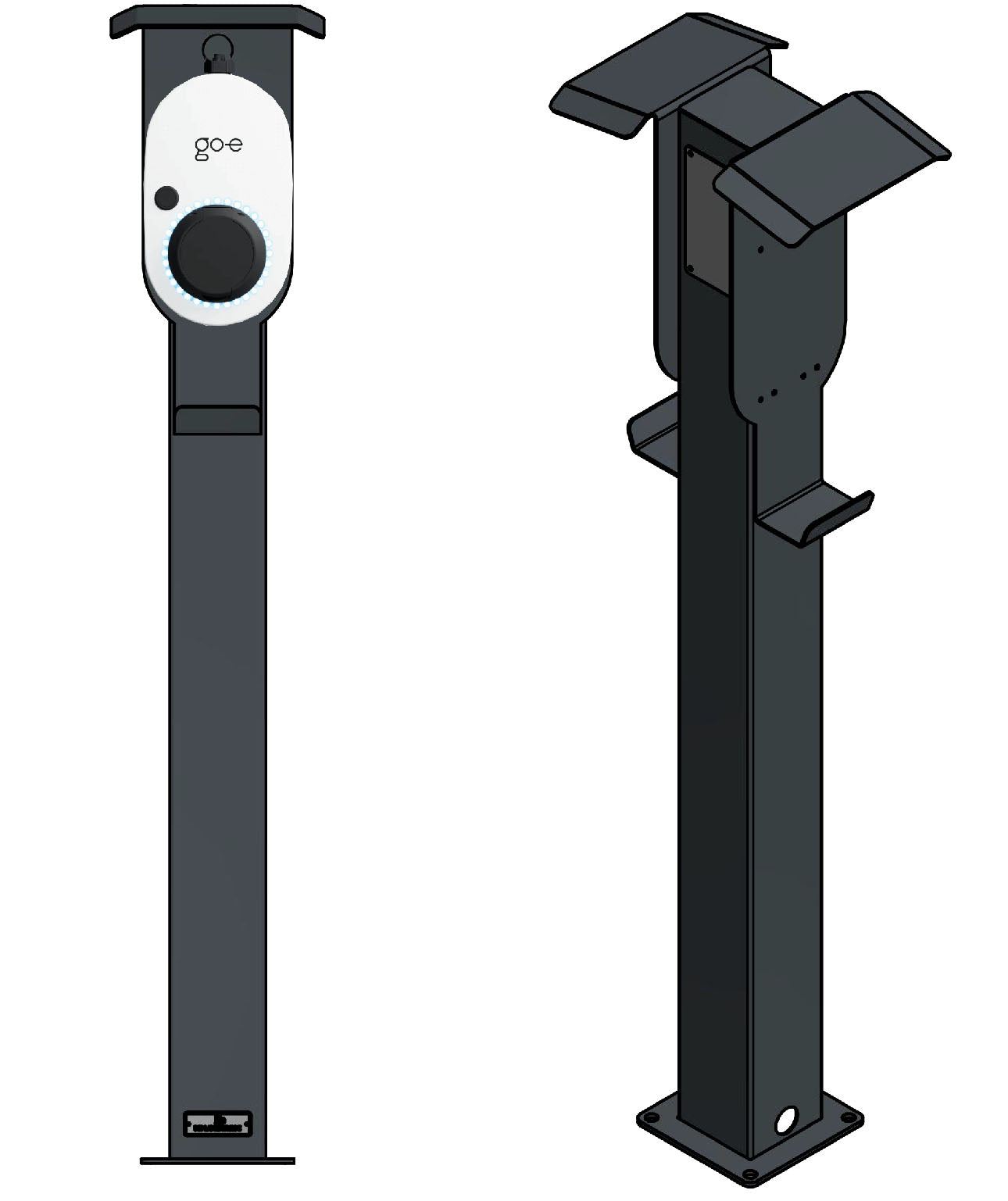 Doppel Ladesäule passend für 2x Go-e Charger Gemini / Gemini 2.0 und Fronius Wattpilot mit Dach und Kabelhaken | Ständer | Standfuß | Stele | Base