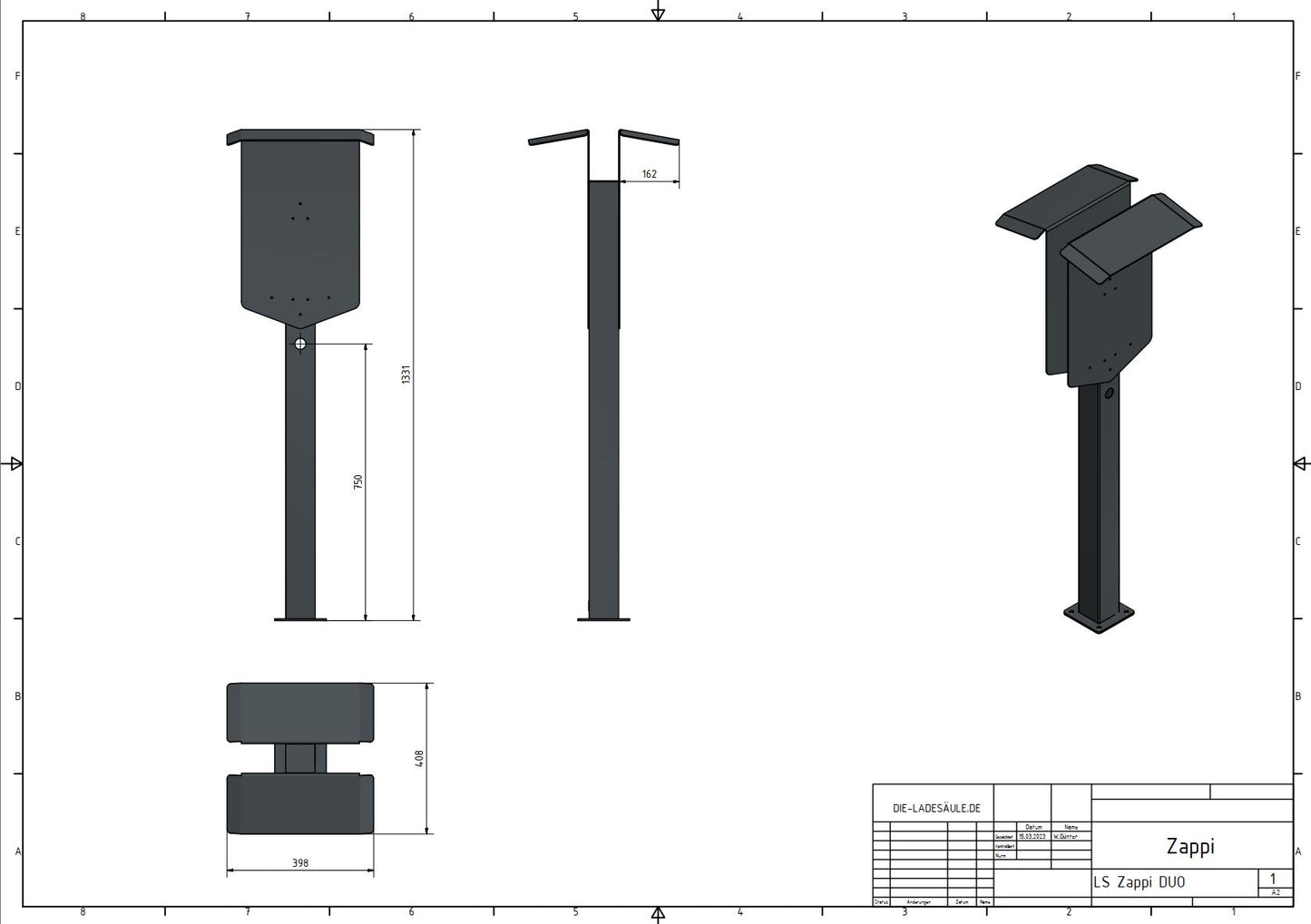 Doppel Ladesäule passend für 2x Zappi Charger Wallbox mit Dach und Kabelhalter | Ständer | Standfuß | Stele