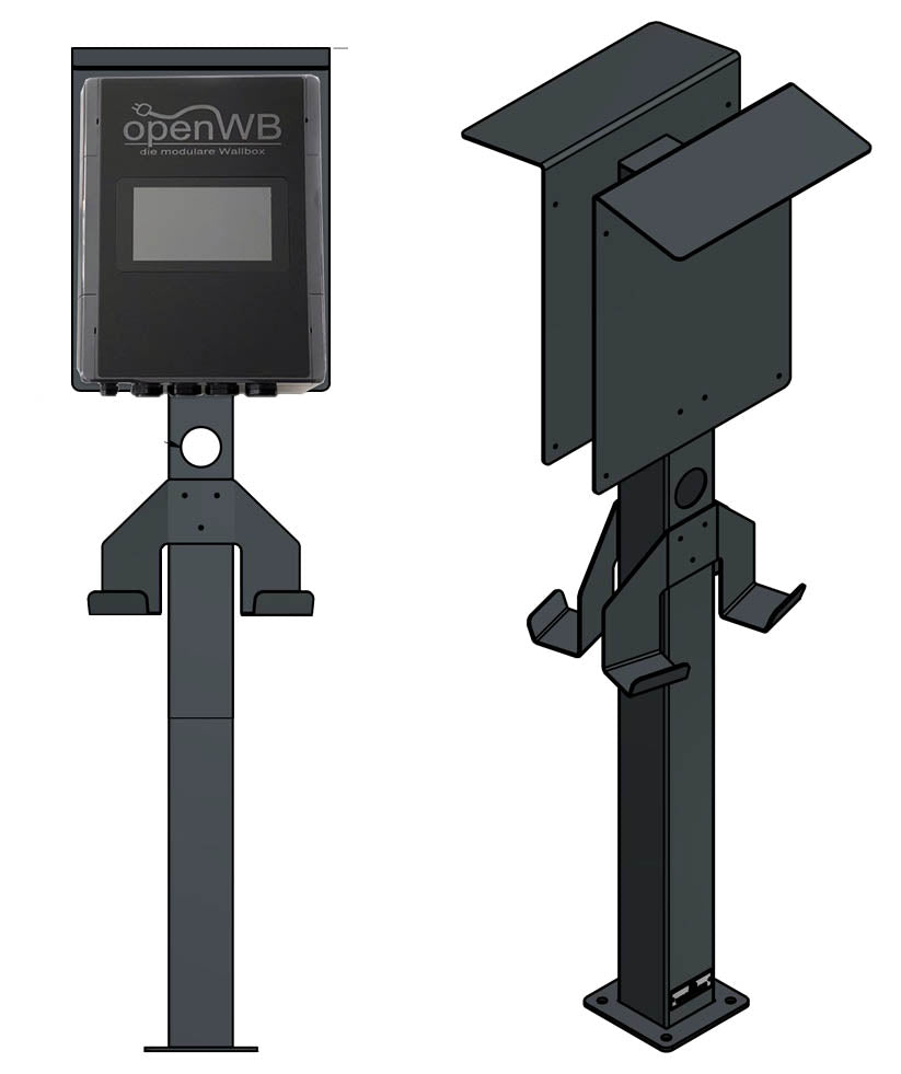 Dual Ladesäule passend für 2 x OpenWB Series 2 Duo / Standard Wallbox mit Dach und 4 Kabelhaltern | Ständer | Standfuß | Stele