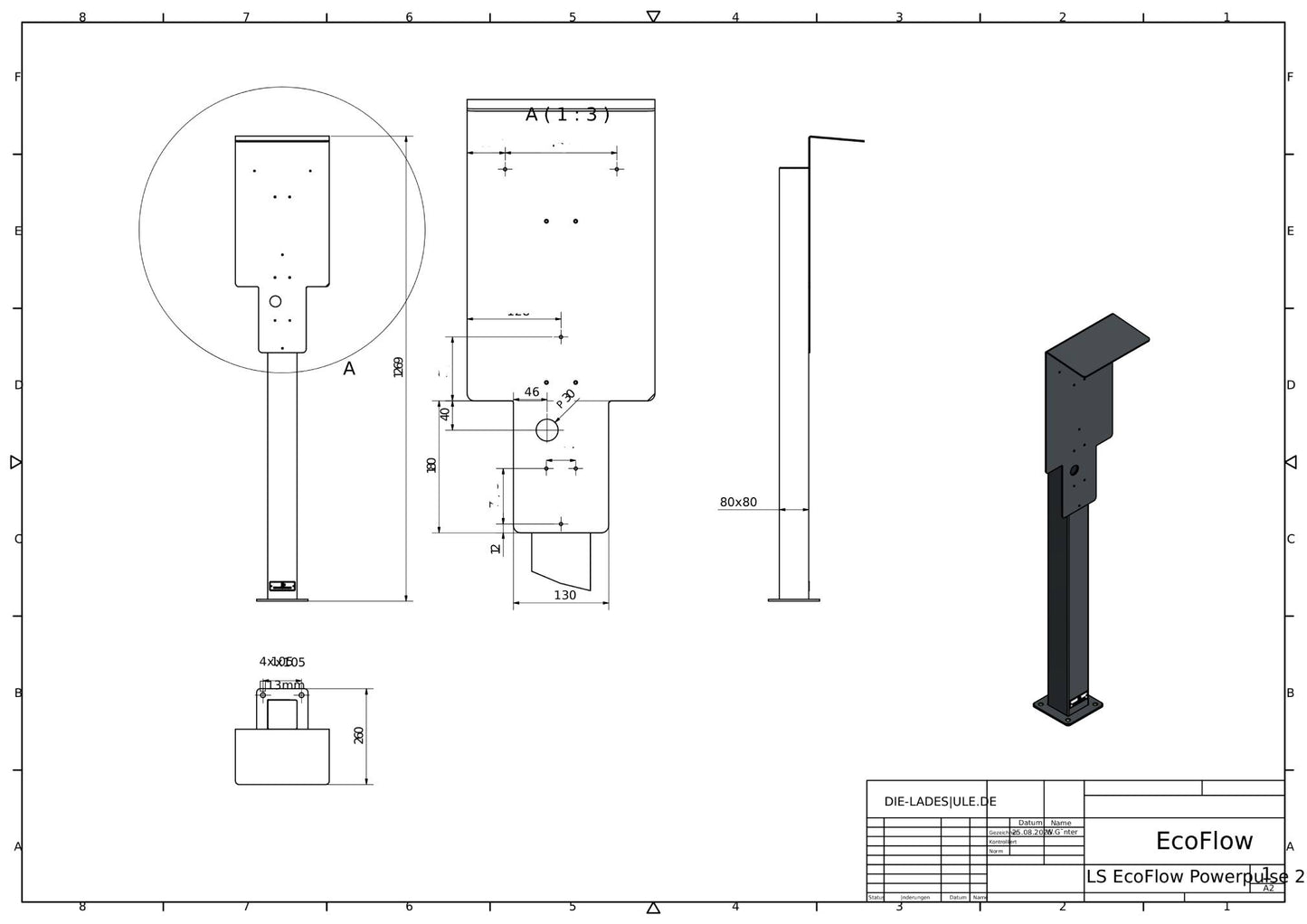 Ladesäule passend für EcoFlow Powerpulse 2 Wallbox mit Dach | Ständer | Standfuß | Stele
