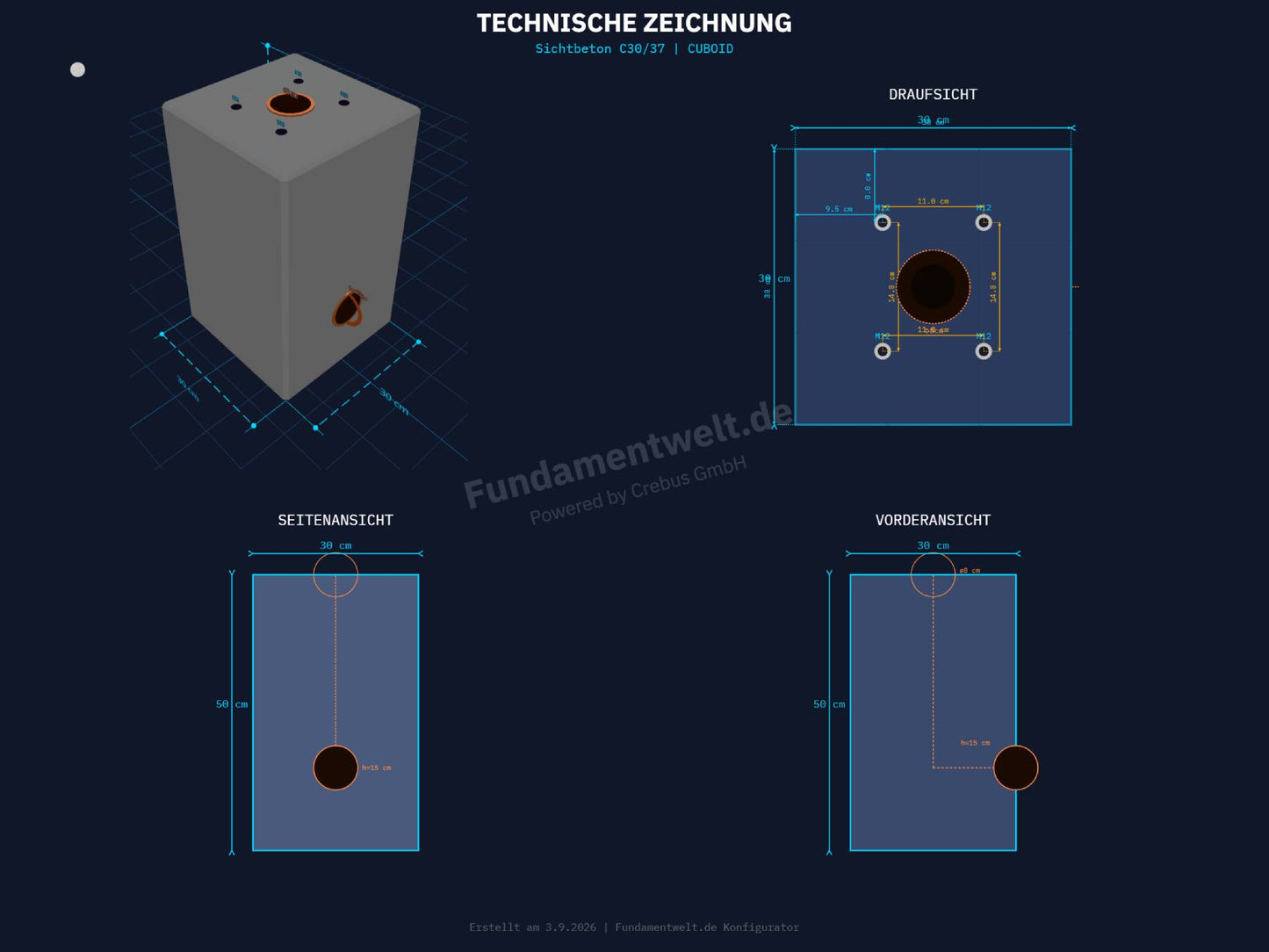 Fertigfundament aus Beton für Technivolt 1100 / 2200 Stele Standfuß Ladesäule