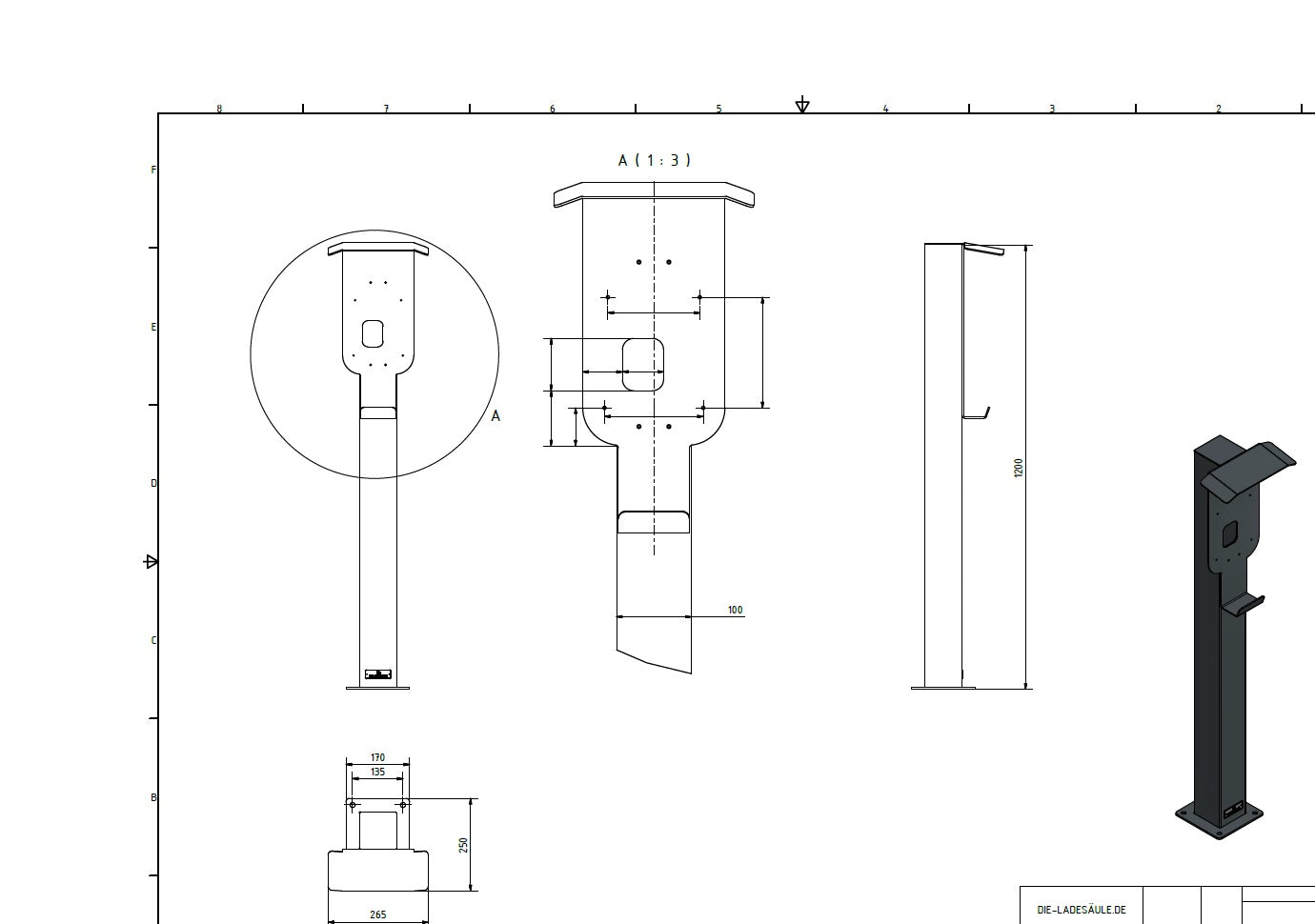 Ladesäule passend für go-e PRO Wallbox mit Dach und Kabelhaken | Ständer | Standfuß | Stele | Base