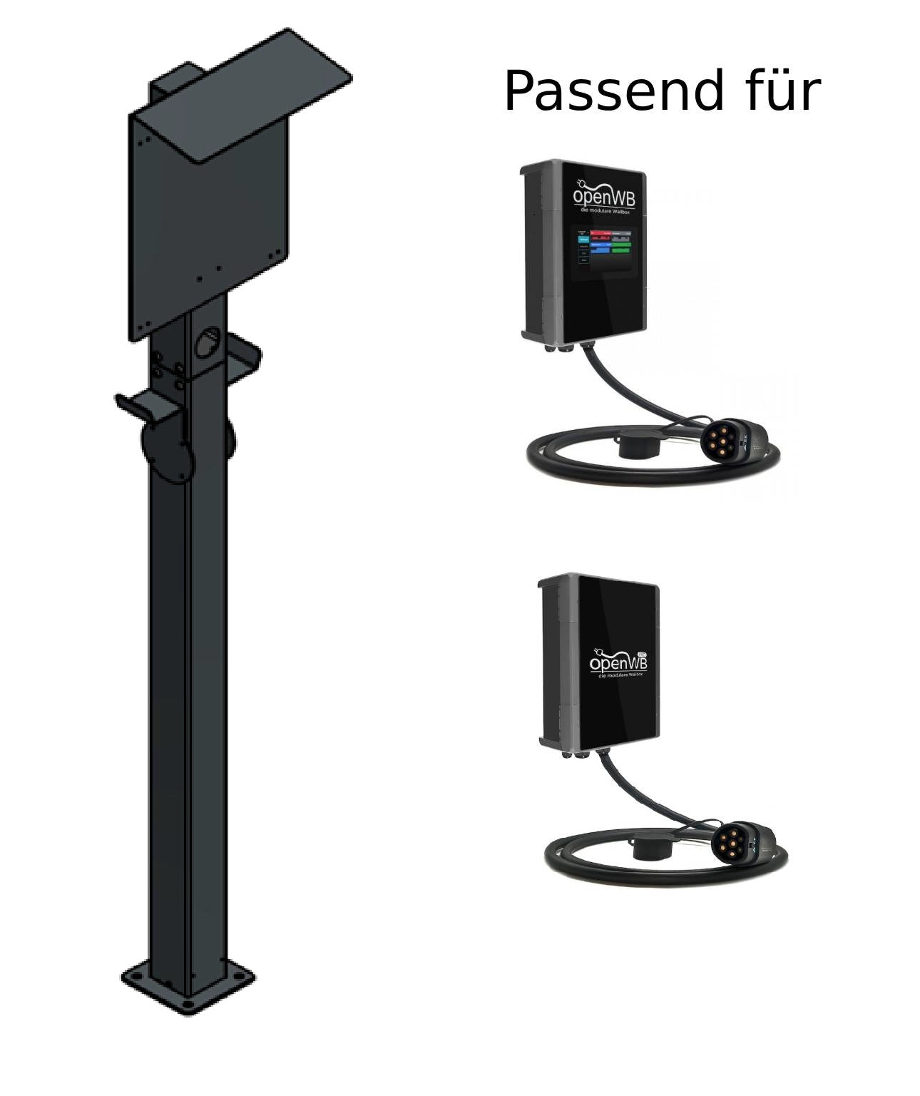 Ladesäule passend für Wallbox OpenWB Pro, Pro+ und DUO Walbox mit Dach und Kabelhaken