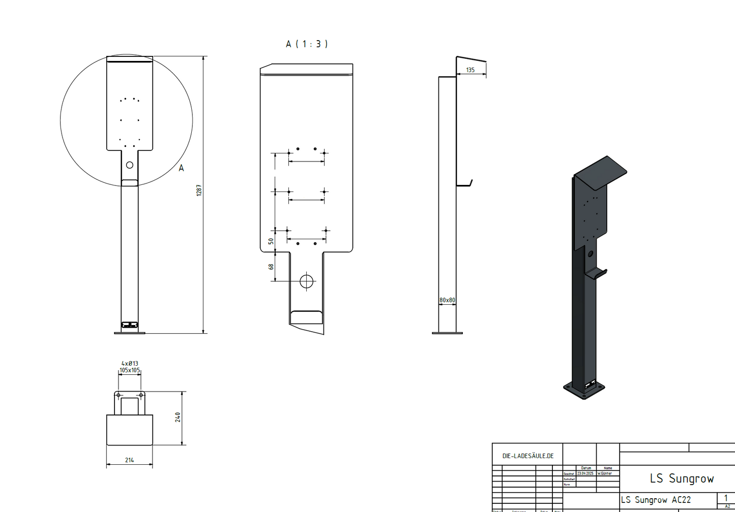 Ladesäule passend für Sungrow Wallbox 22kW AC022E mit Dach | Ständer | Standfuß | Stele | Base (Kopie)